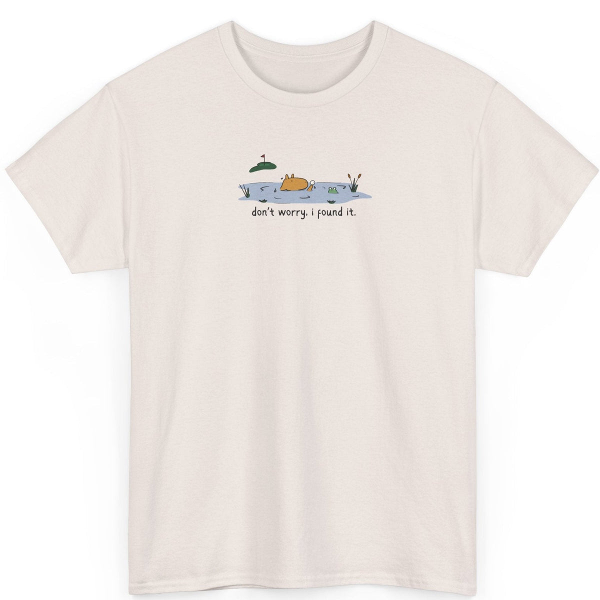 Capy Life cream heavy cotton t-shirt with a small center graphic of a capybara in a water hazard with golf text.