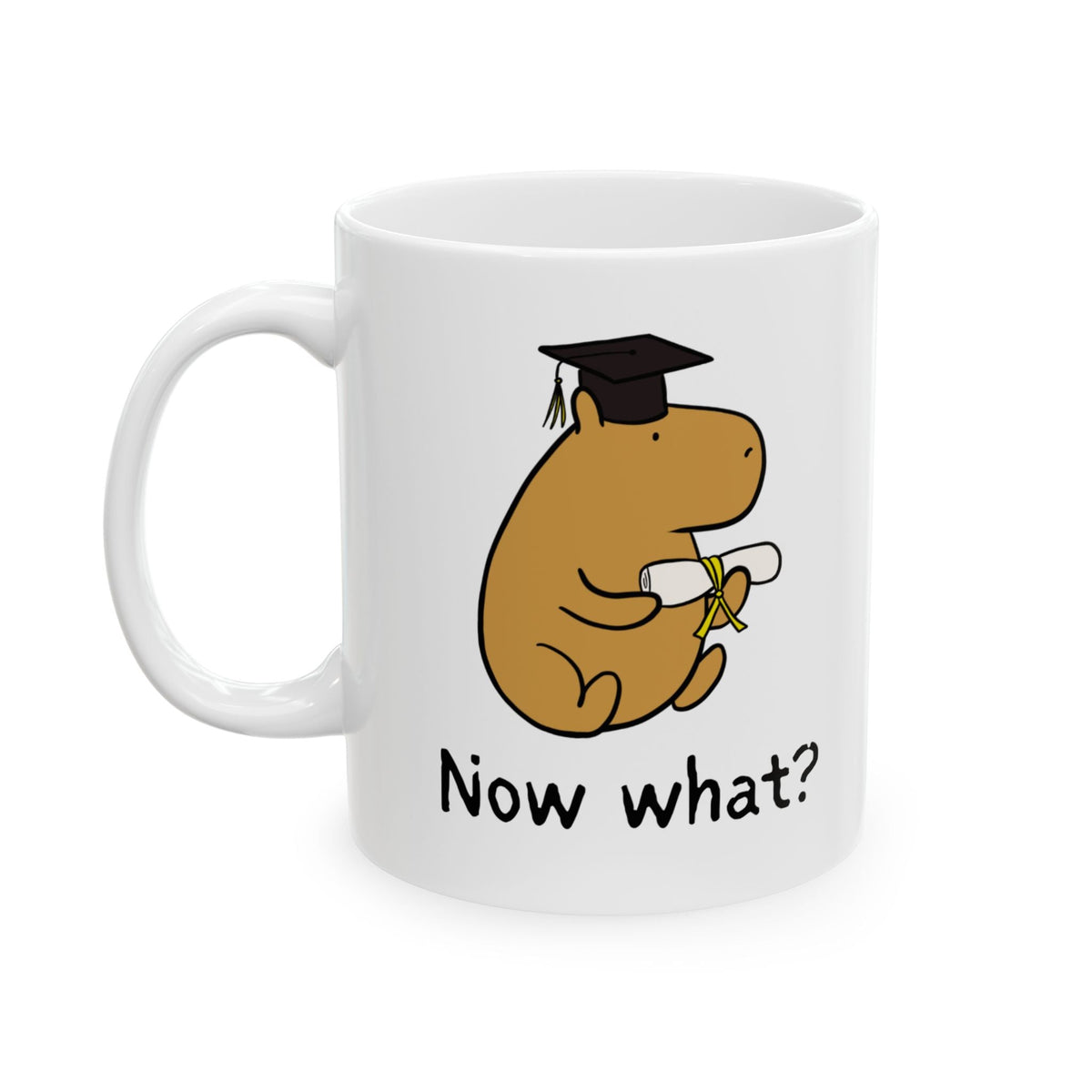 Capy Life white ceramic mug featuring a capybara in a graduation cap holding a diploma with the text Now what?