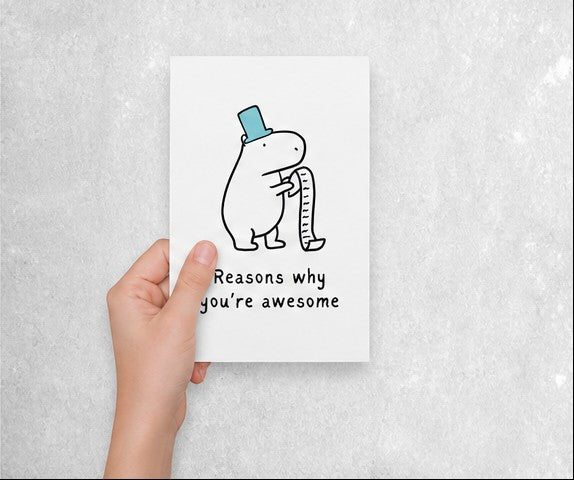 Capy Life greeting card featuring a cute capybara in a blue top hat holding a long list of reasons why you are awesome
