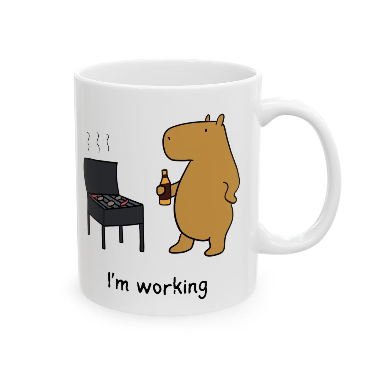 Capy Life white ceramic coffee mug featuring a cartoon capybara holding a drink by a grill with text I am working