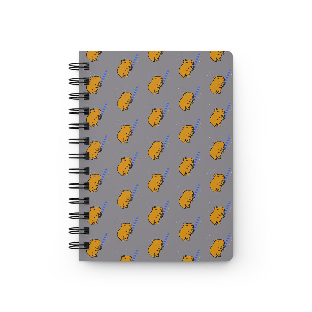 Capy Life spiral notebook featuring a repeating pattern of cute capybaras wielding blue lightsabers on a grey background.