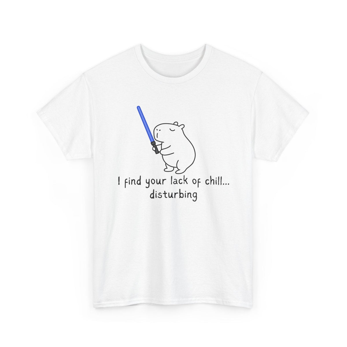 Capy Life white cotton t-shirt featuring a hand-drawn capybara holding a blue lightsaber with funny Star Wars quote.