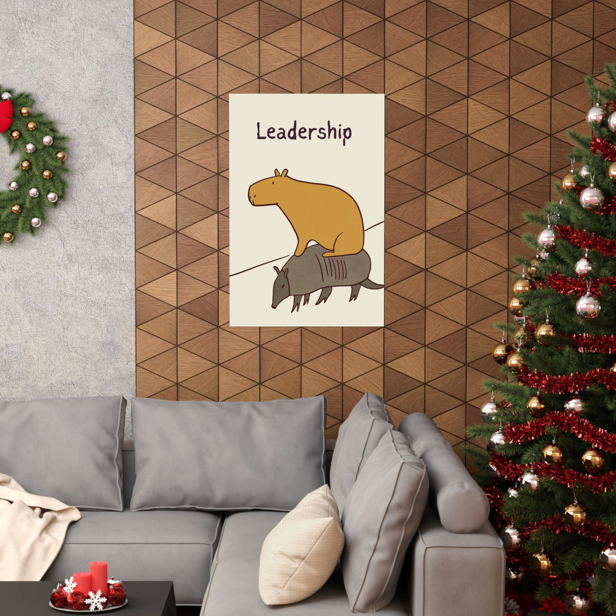 Capy Life funny leadership wall art print featuring a capybara on an armadillo, displayed in a modern living room.
