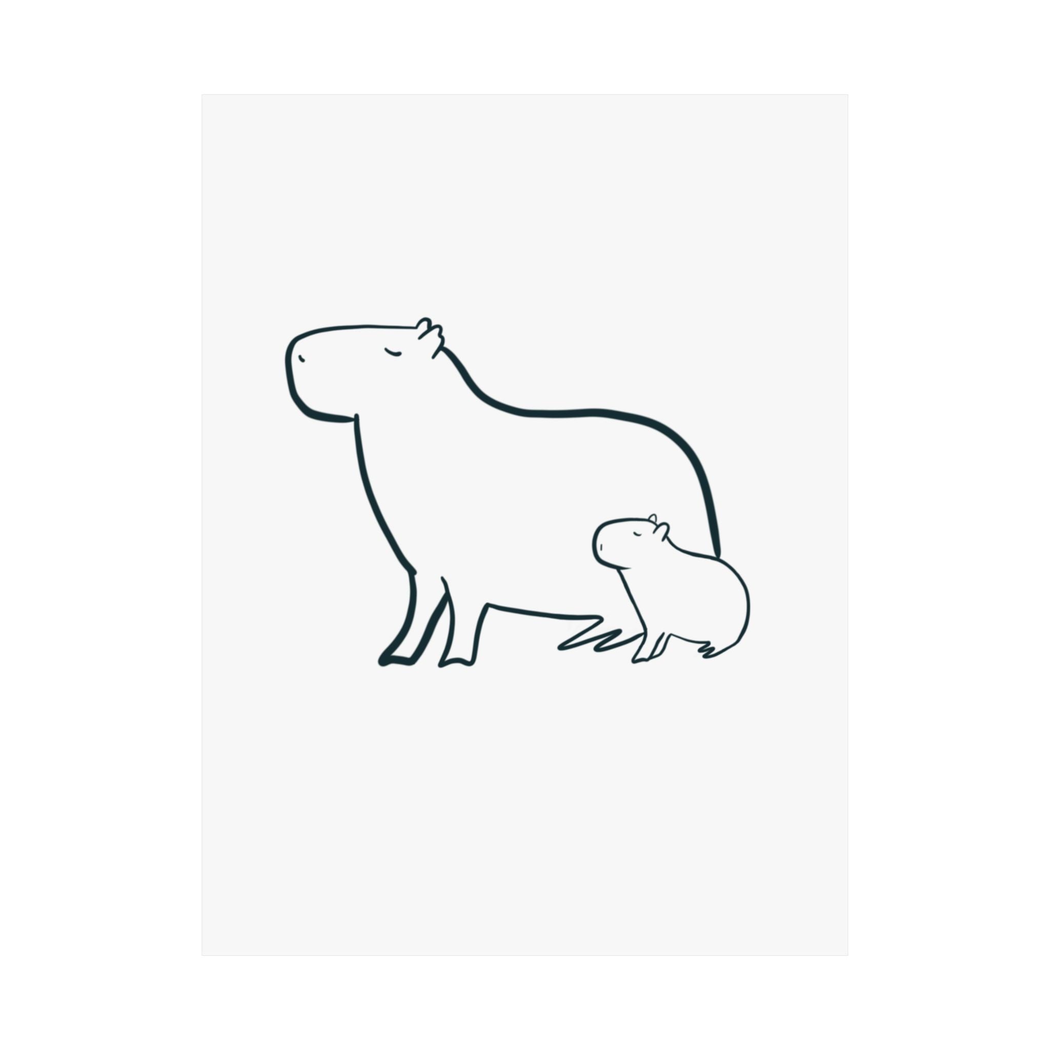 Capy Life minimalist line drawing of a mama and baby capybara on museum-grade matte paper for nursery wall decor.