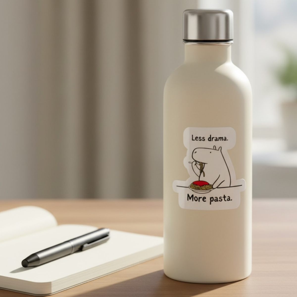 Capy Life vinyl sticker on a white water bottle featuring a capybara eating spaghetti with text Less drama More pasta
