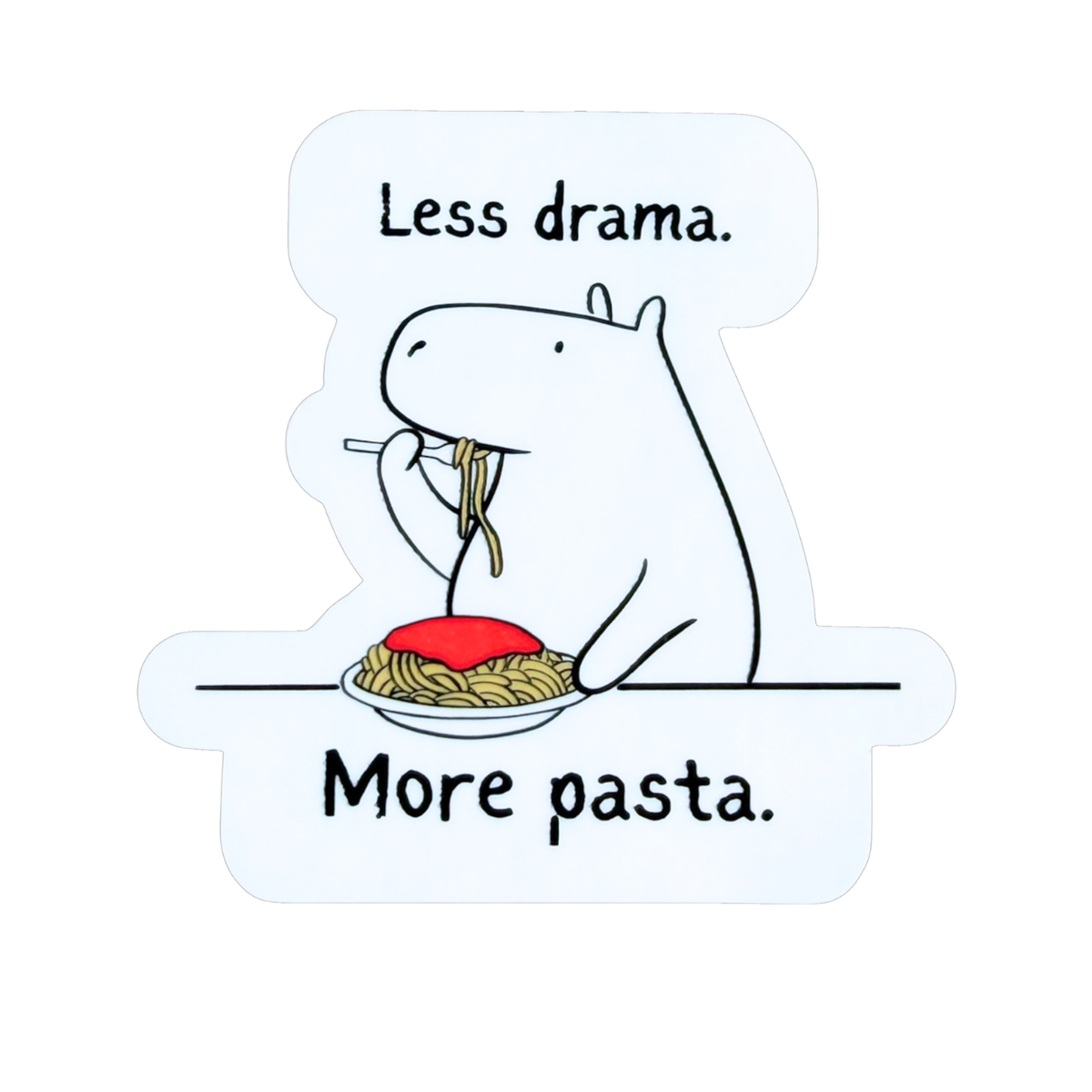Capy Life die cut vinyl sticker featuring a cute capybara eating spaghetti with the text Less drama. More pasta.