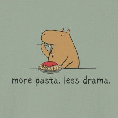 Capy Life minimalist t-shirt featuring a cute capybara eating spaghetti with the text more pasta less drama