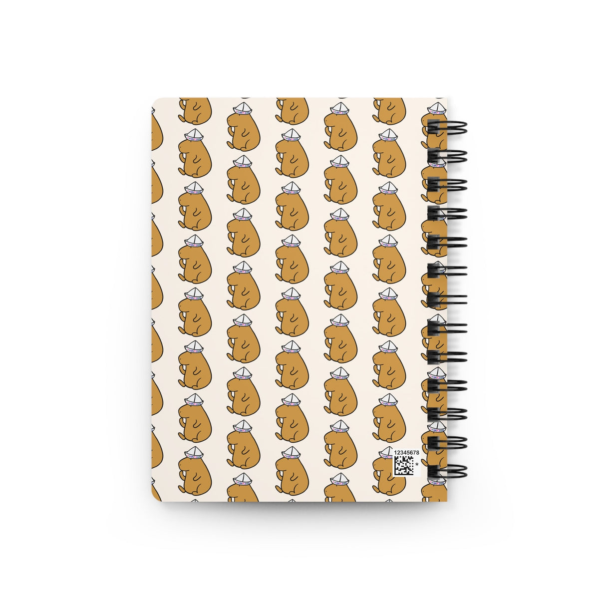Capy Life spiral-bound notebook featuring a repeating pattern of cute capybaras wearing paper hats on a neutral background