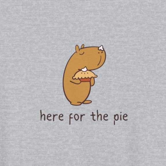 Capy Life kids hoodie featuring a cute illustration of Gene the capybara holding a pie with text here for the pie