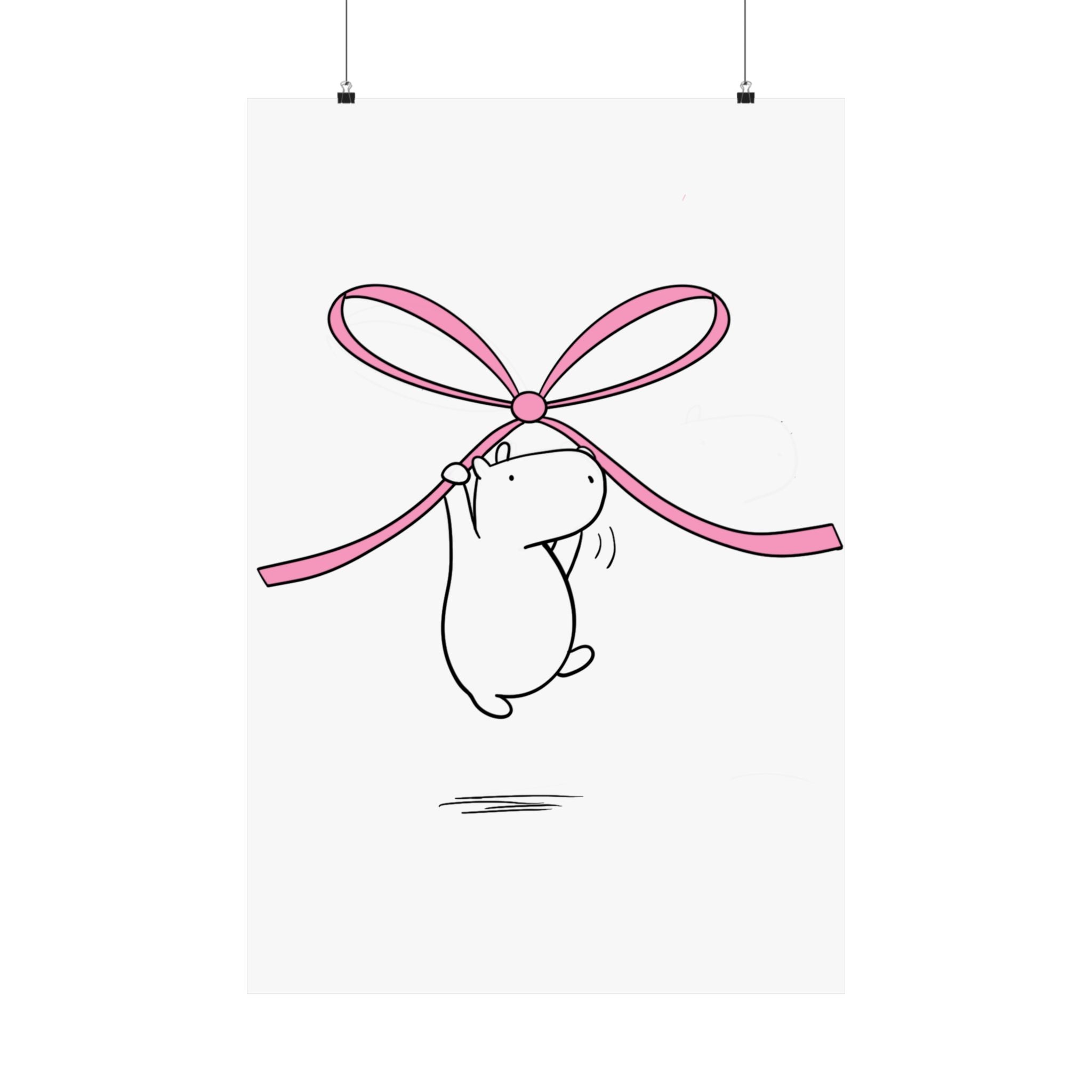 Capy Life minimalist nursery wall art print featuring a cute white capybara floating while holding a large pink bow.