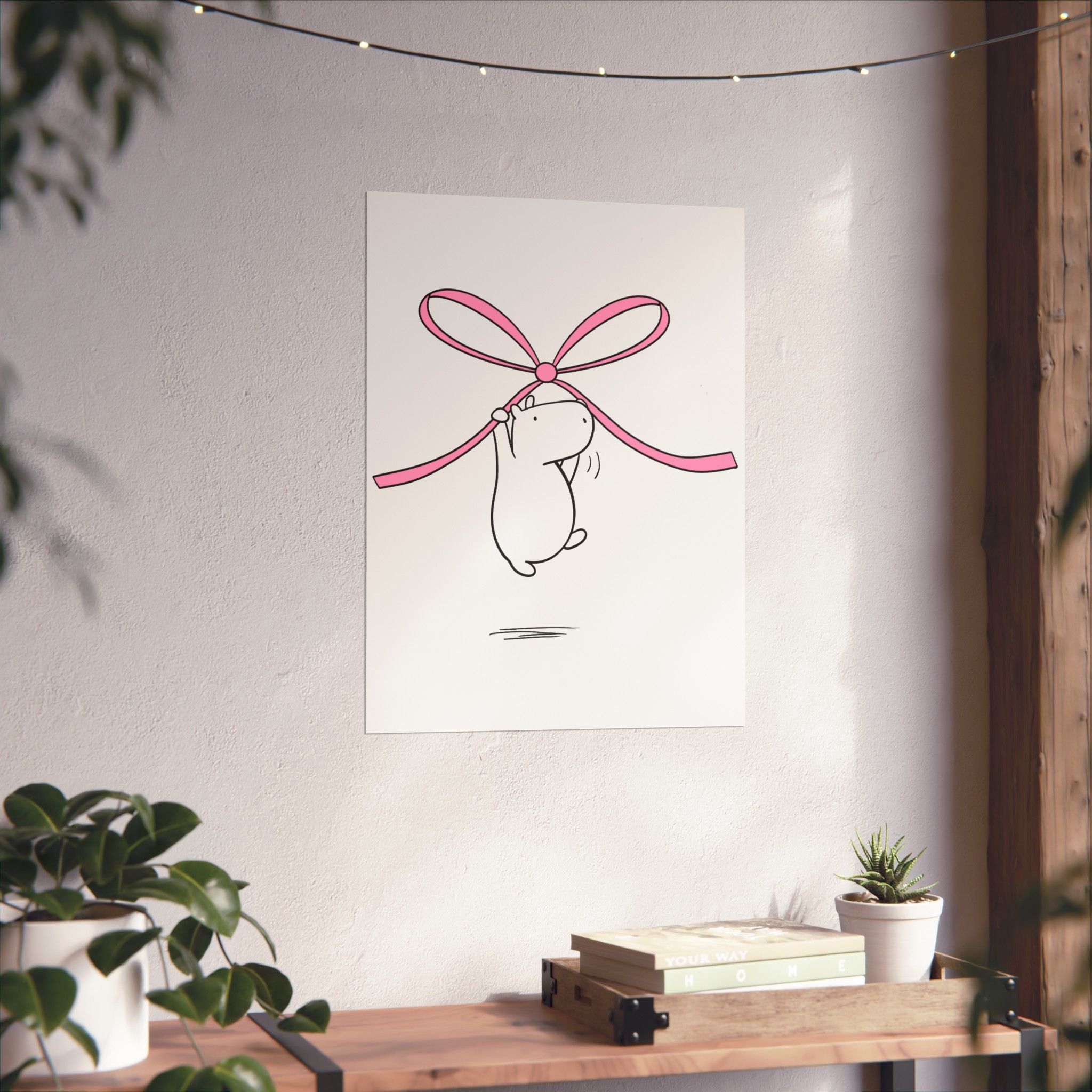 Capy Life minimalist wall art print featuring a cute capybara hanging from a pink bow on a neutral nursery wall.