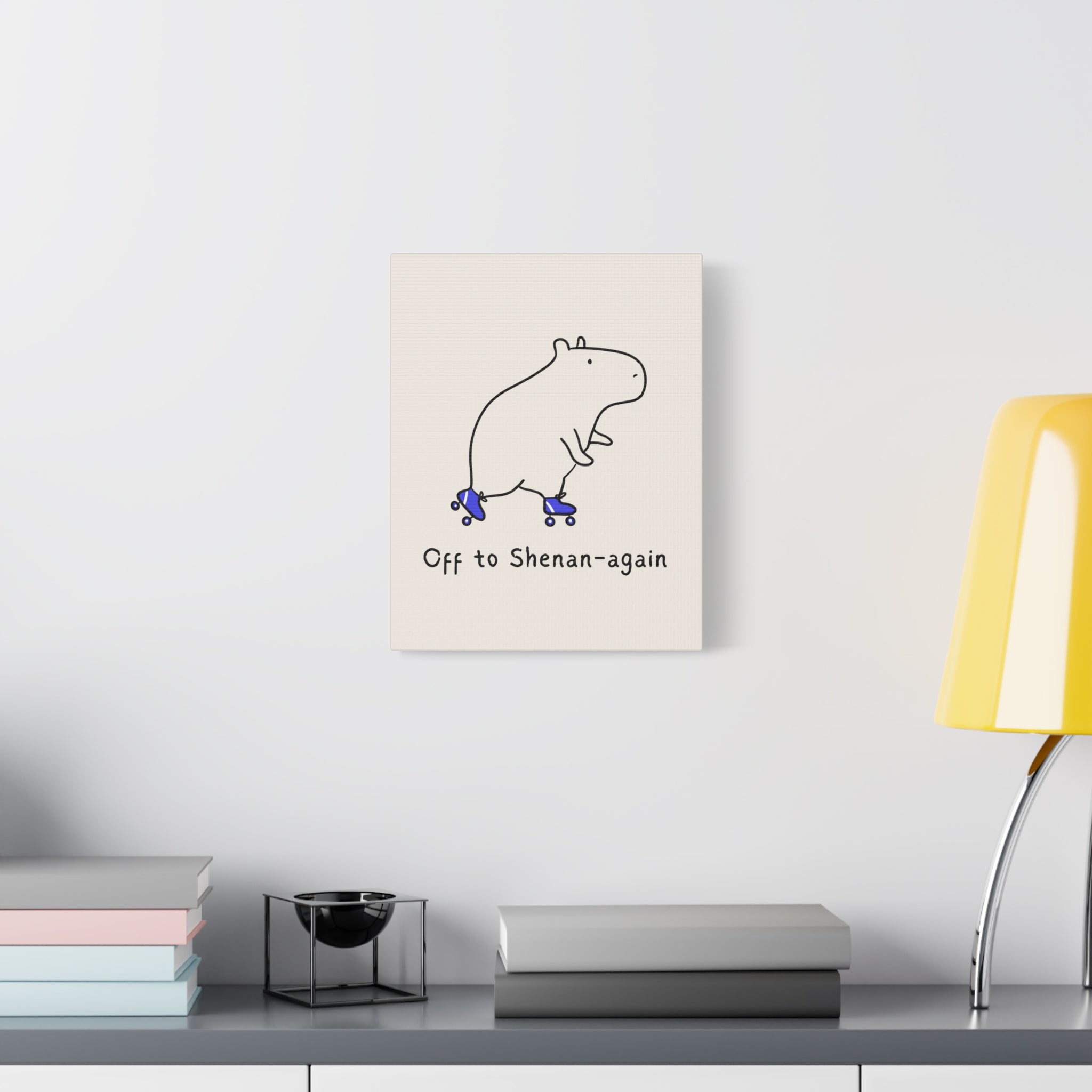 Capy Life Off to Shenan-again canvas wall art featuring a minimalist capybara on roller skates on a tan background.