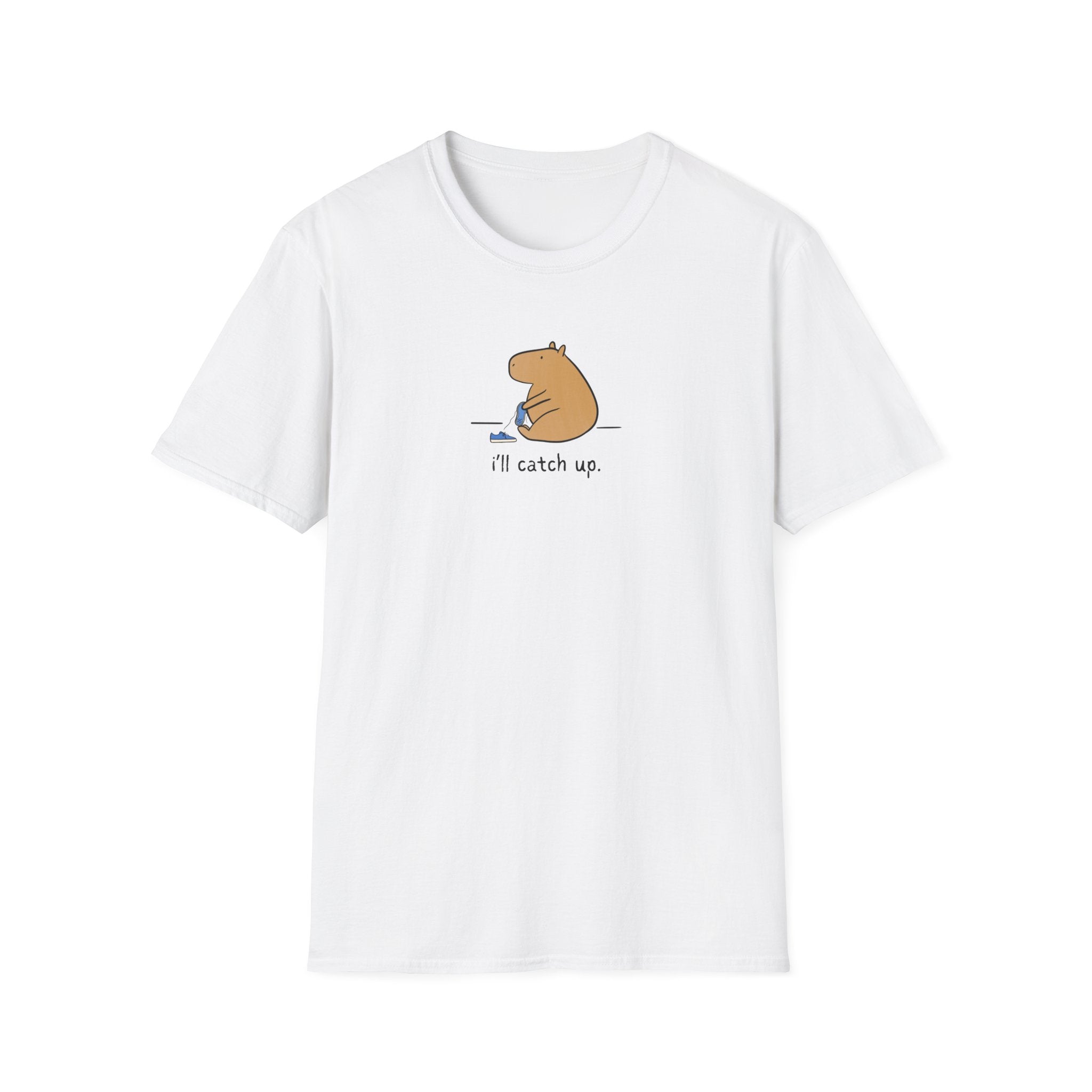 Capy Life white softstyle t-shirt featuring a minimalist illustration of a capybara sitting with the text i'll catch up