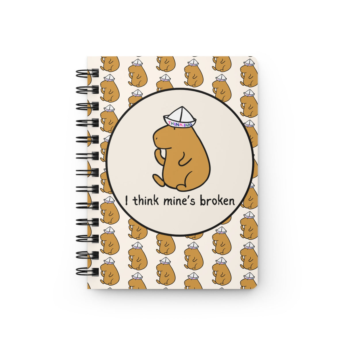 Capy Life spiral notebook with a repeating capybara pattern and a central graphic of a capybara wearing a thinking hat.