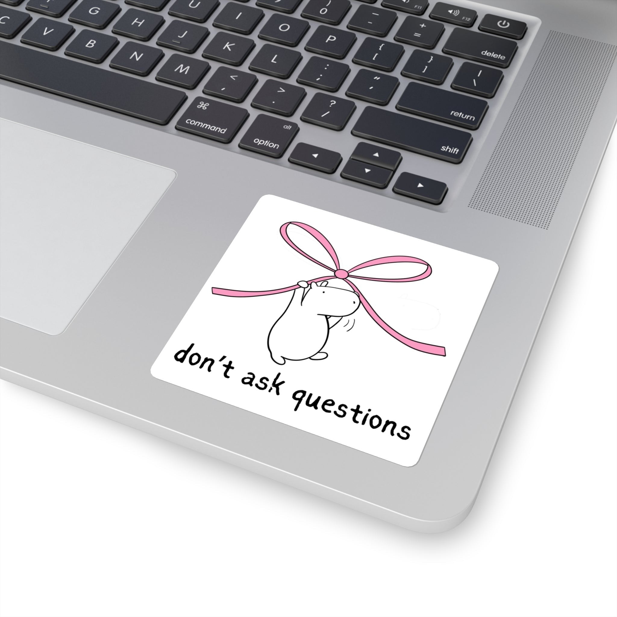 Capy Life vinyl sticker featuring a capybara hanging from a pink bow with the text don't ask questions on a laptop
