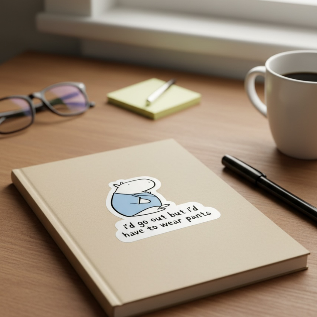 Capy Life die cut sticker of a capybara in a blue shirt on a notebook with the text I’d go out but I’d have to wear pants