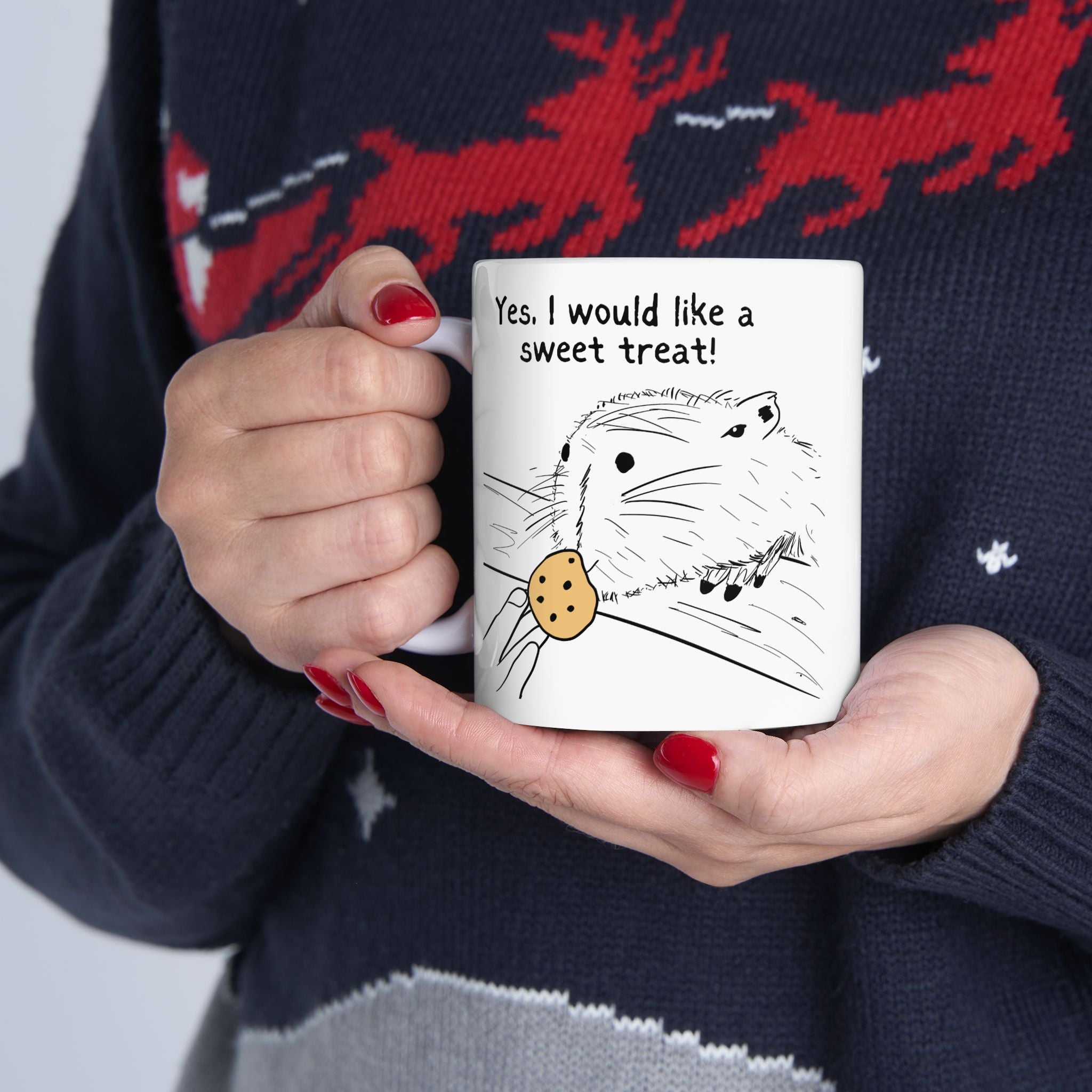 Capy Life white ceramic mug with a hand-drawn capybara illustration and the text Yes I would like a sweet treat