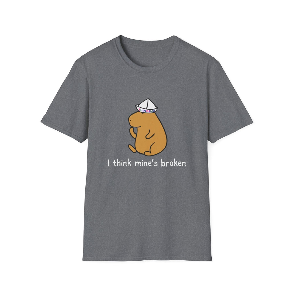Capy Life grey softstyle adult t-shirt featuring a capybara wearing a paper thinking cap with text I think mine's broken