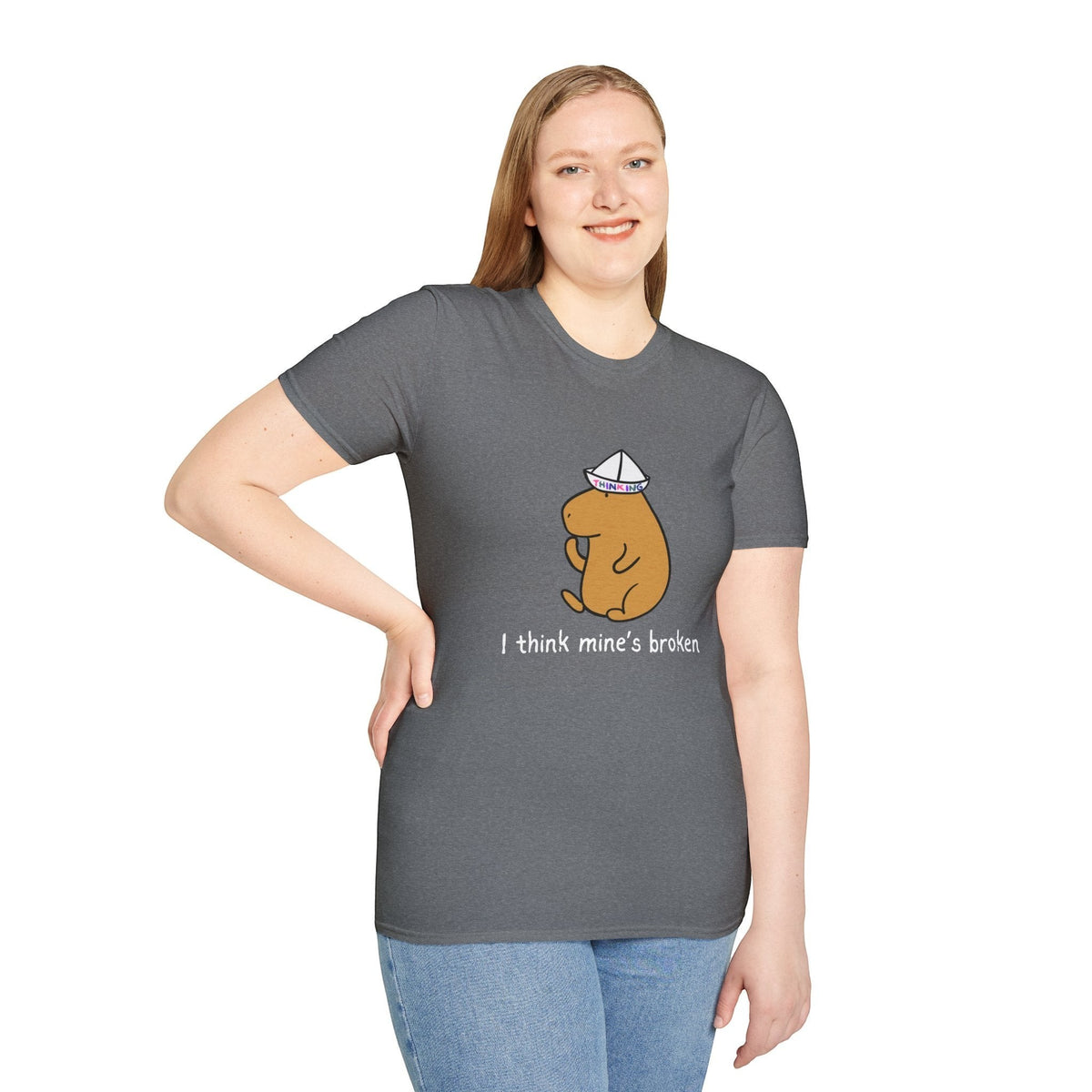 Capy Life dark grey softstyle t-shirt featuring a capybara wearing a paper thinking cap and funny text
