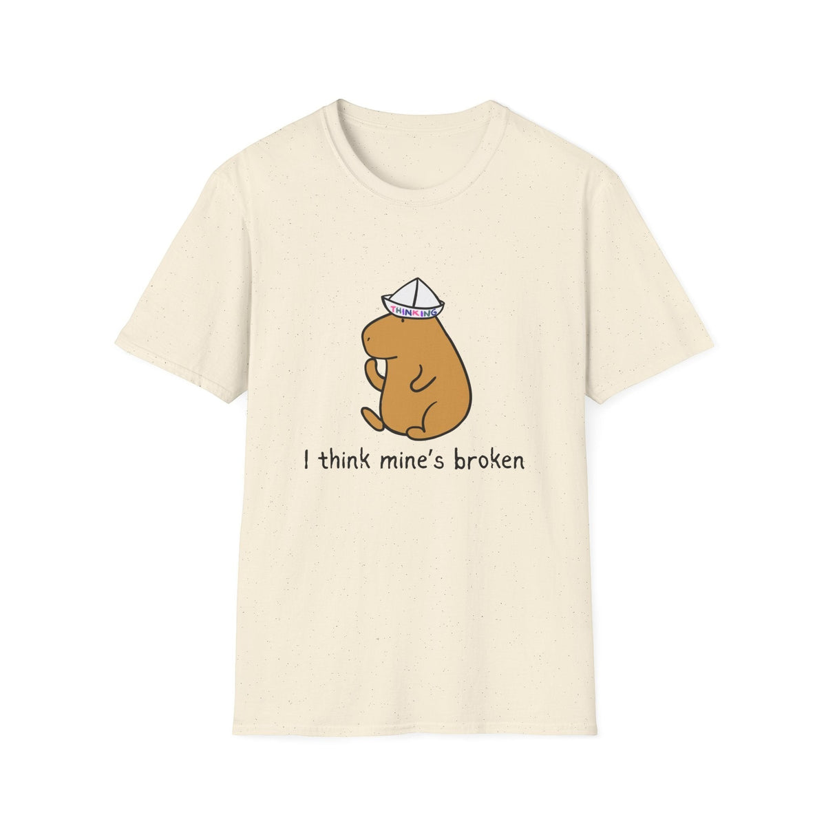Capy Life cream softstyle t-shirt featuring a capybara wearing a paper thinking cap and the text I think mine's broken