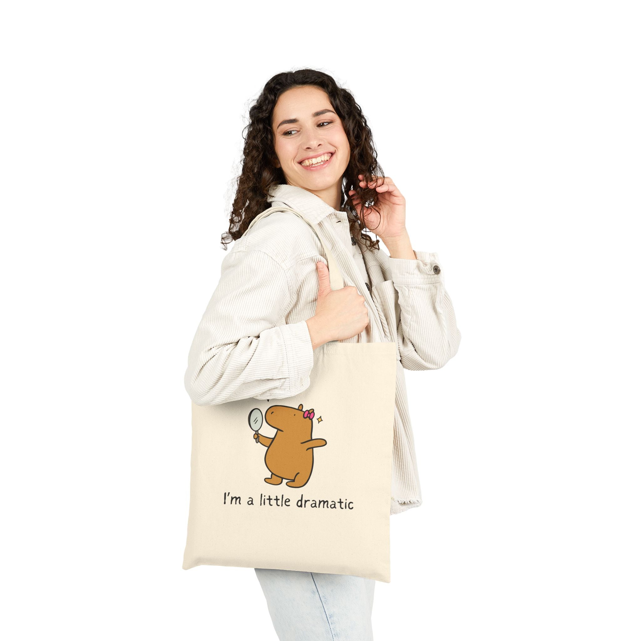 Capy Life natural cotton canvas tote bag featuring a cute capybara with a mirror and the text I am a little dramatic