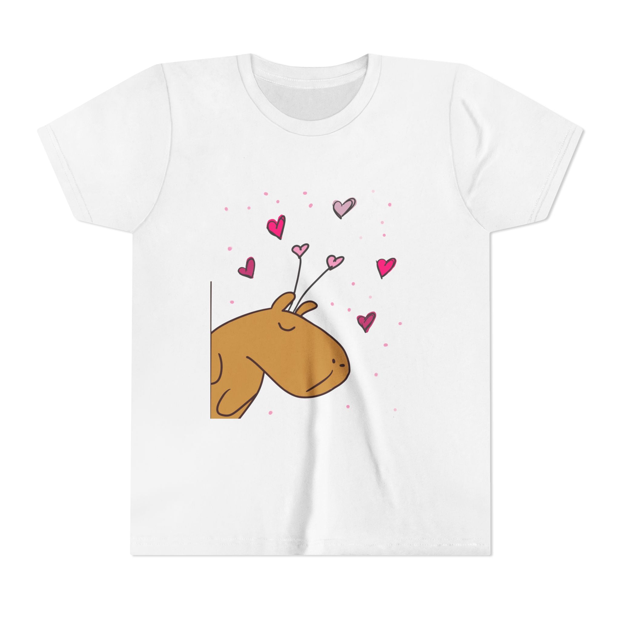 Capy Life white youth t-shirt featuring a cute brown capybara graphic with pink and red floating hearts.