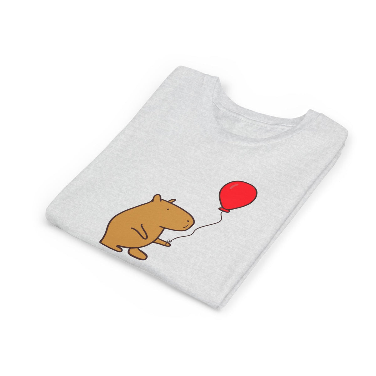 Capy Life youth tee in light grey cotton featuring a cute capybara holding a red balloon graphic.