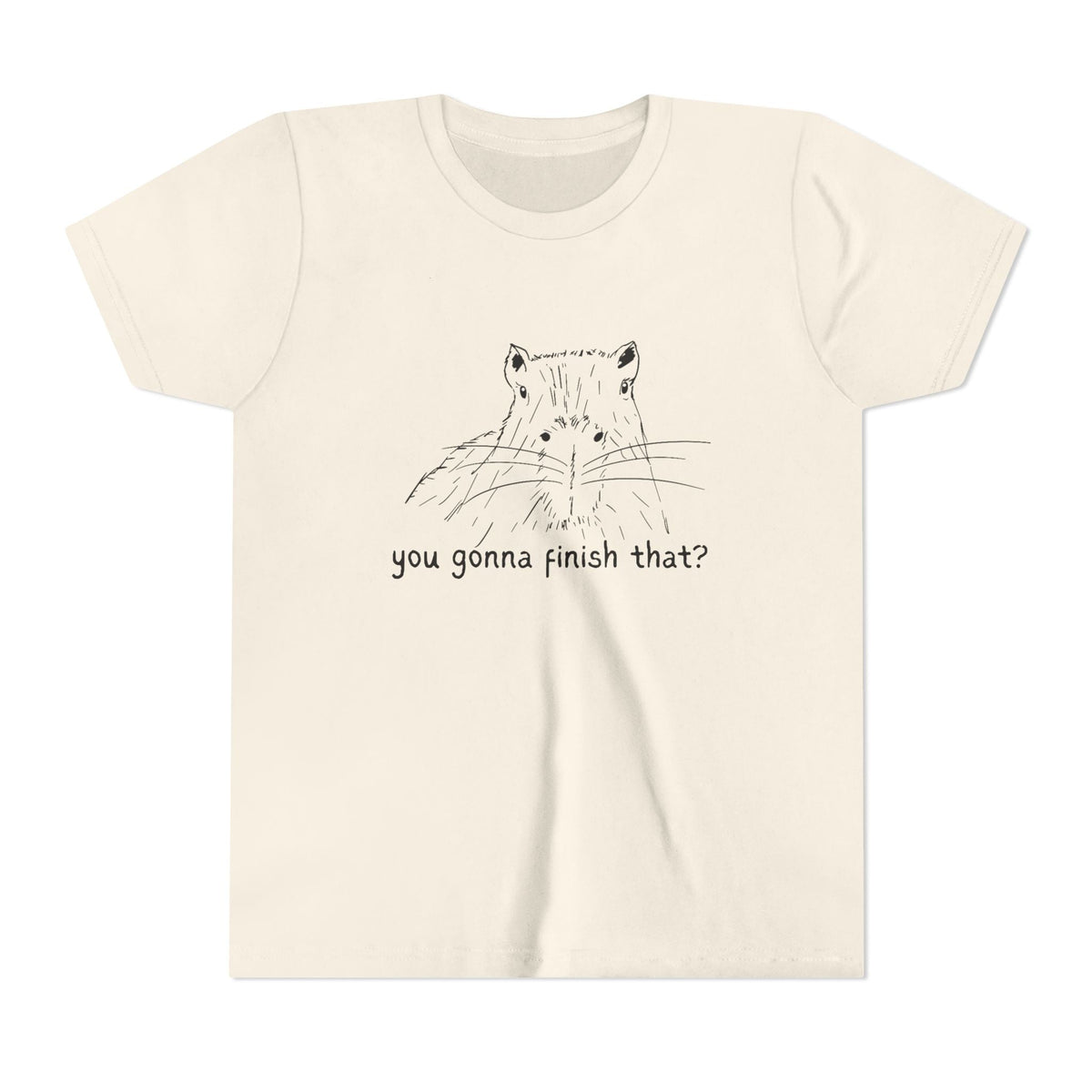 Capy Life youth t-shirt in cream featuring a hand-drawn black line art capybara and the text you gonna finish that