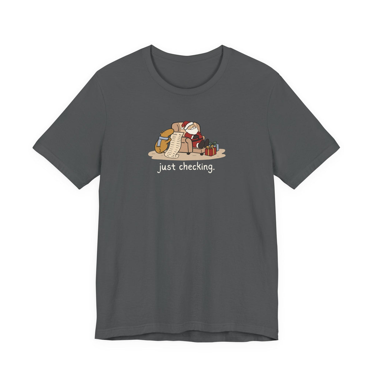 Capy Life dark grey t-shirt featuring a hand-drawn capybara checking Santa's naughty or nice list while he naps.