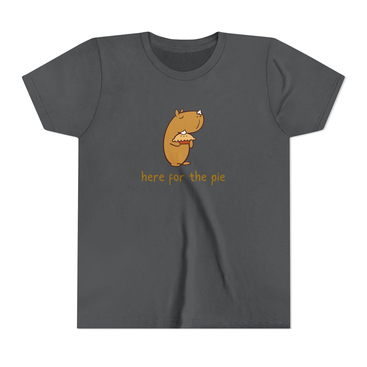 Capy Life kids charcoal grey t-shirt featuring a cute capybara holding a pie with whipped cream on its nose.