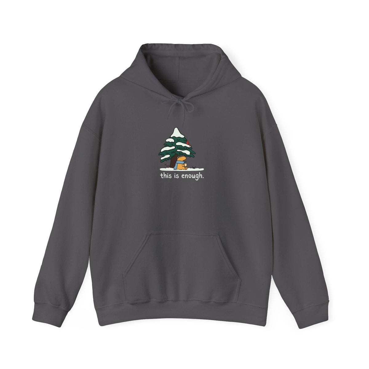 Capy Life charcoal grey pullover hoodie featuring a cute capybara under a snowy tree with the text this is enough.