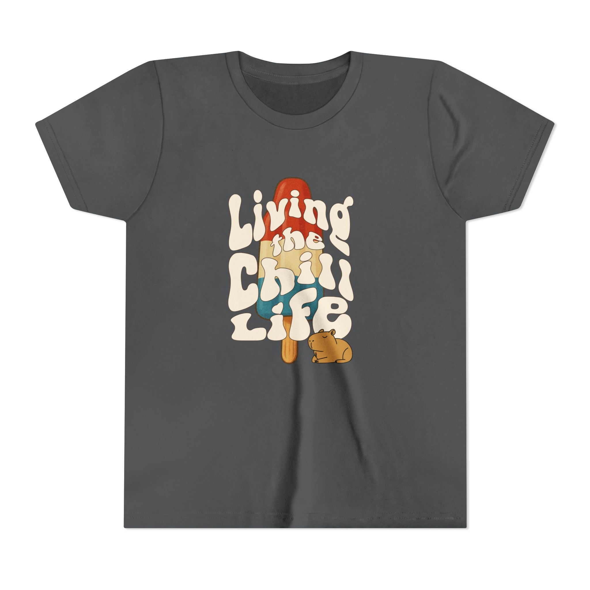 Capy Life youth graphic tee in charcoal grey featuring a retro popsicle illustration and a cute capybara character.