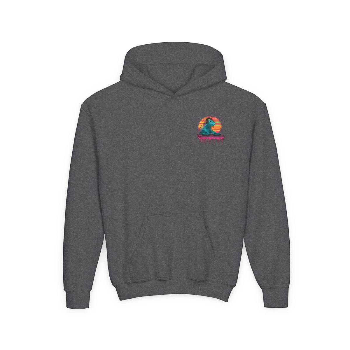 Capy Life kids charcoal grey hoodie featuring a small DJ capybara graphic with headphones on a sunset background.