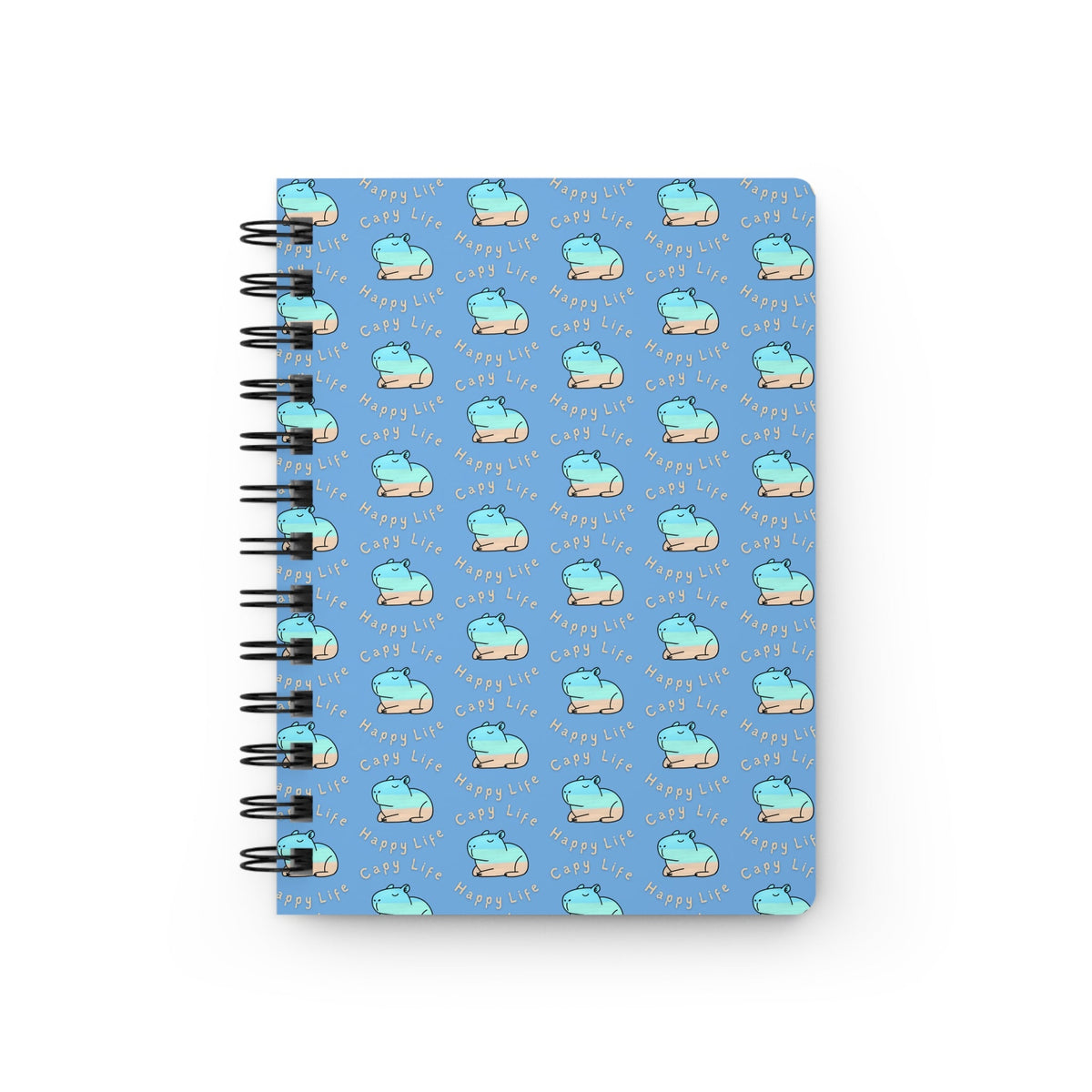 Capy Life spiral notebook featuring a blue coastal pattern with cute capybaras and Happy Life text.