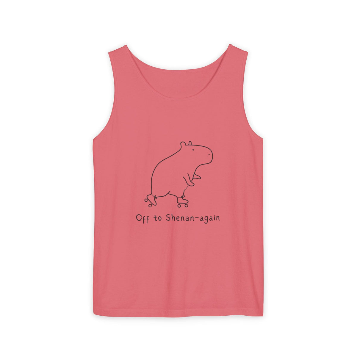 Capy Life coral tank top featuring a minimalist line drawing of a capybara on roller skates with the text Off to Shenan-again