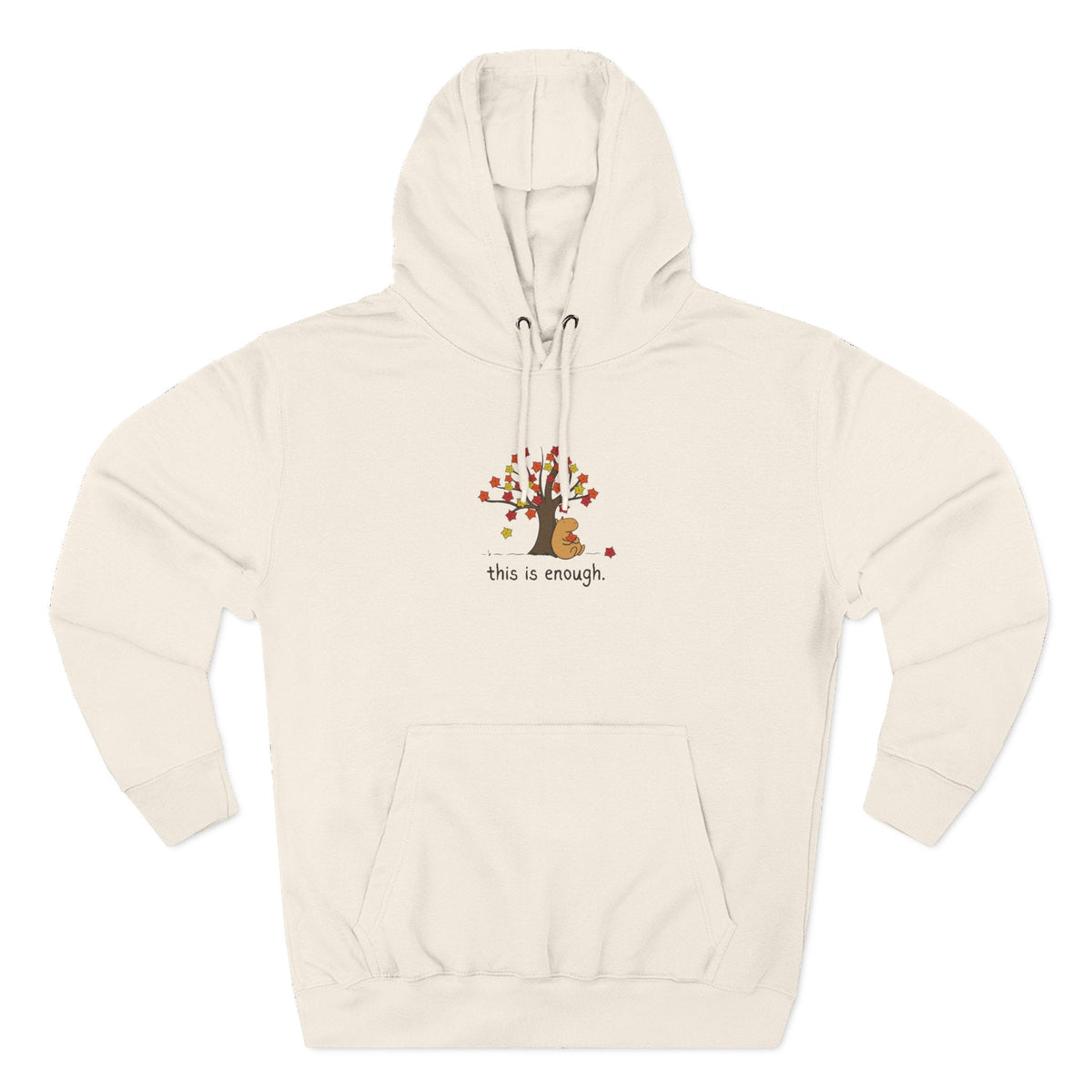 Capy Life beige fleece hoodie featuring a hand-drawn capybara under an autumn tree with the text this is enough.