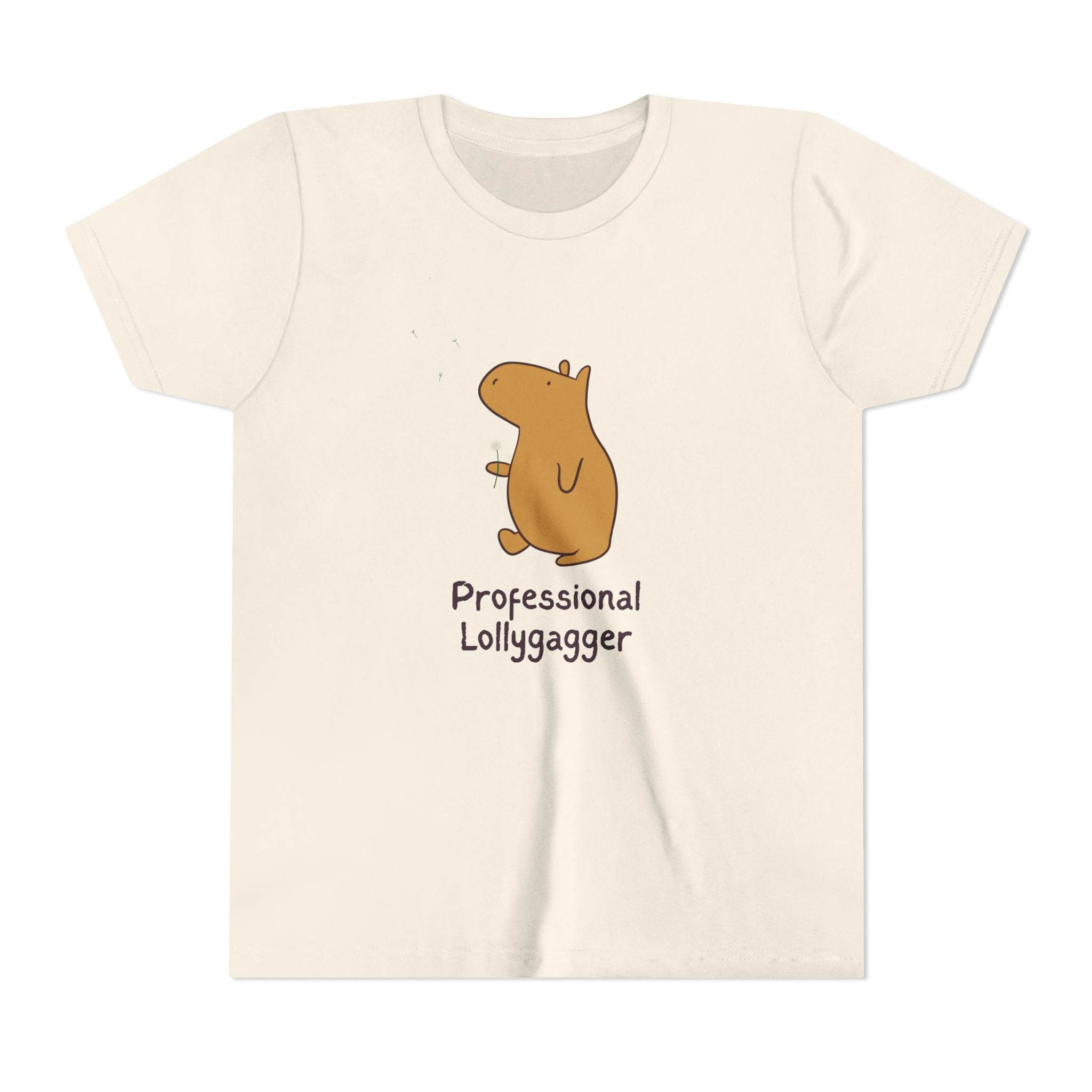 Capy Life kids t-shirt in cream cotton featuring a hand-drawn capybara graphic and Professional Lollygagger text
