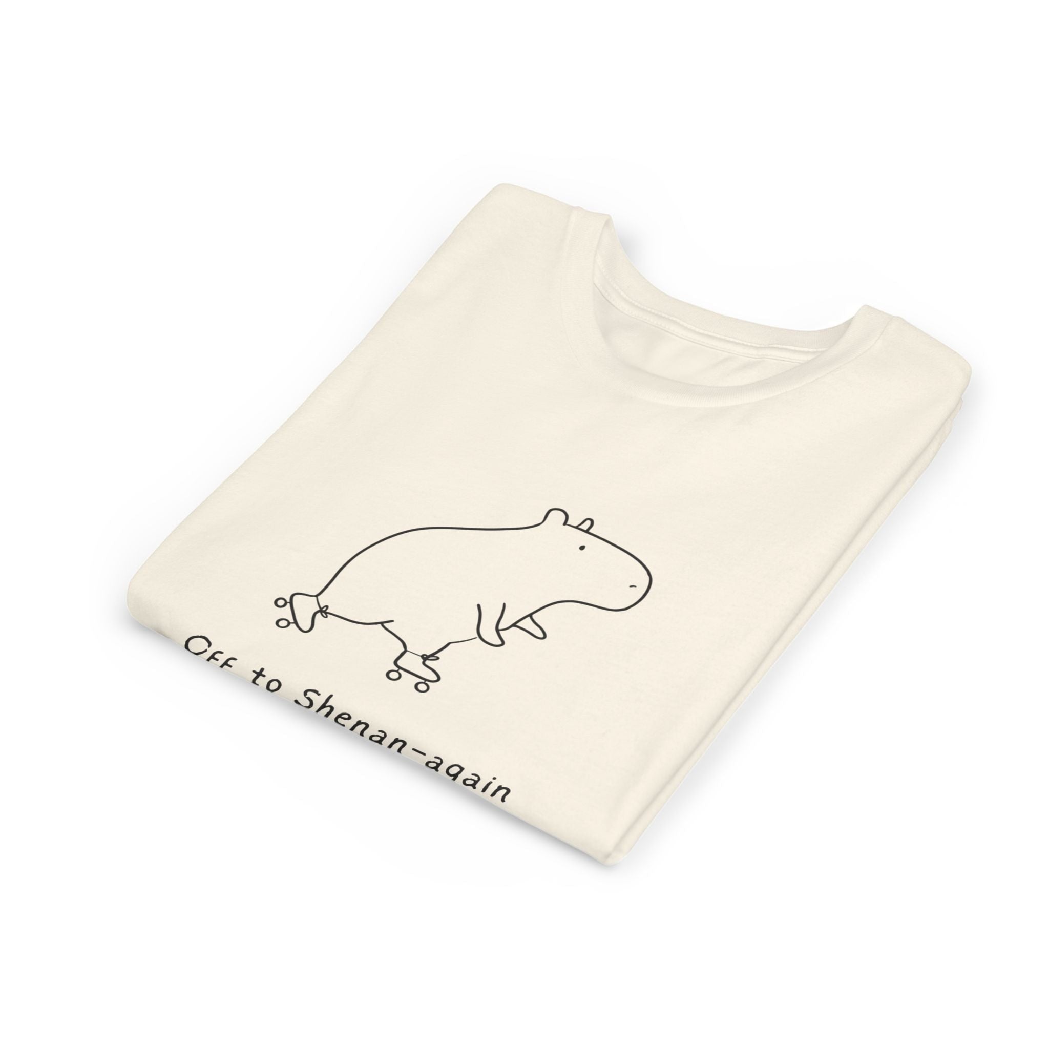 Capy Life kids cream graphic tee featuring a minimalist doodle of a capybara on roller skates with funny text.