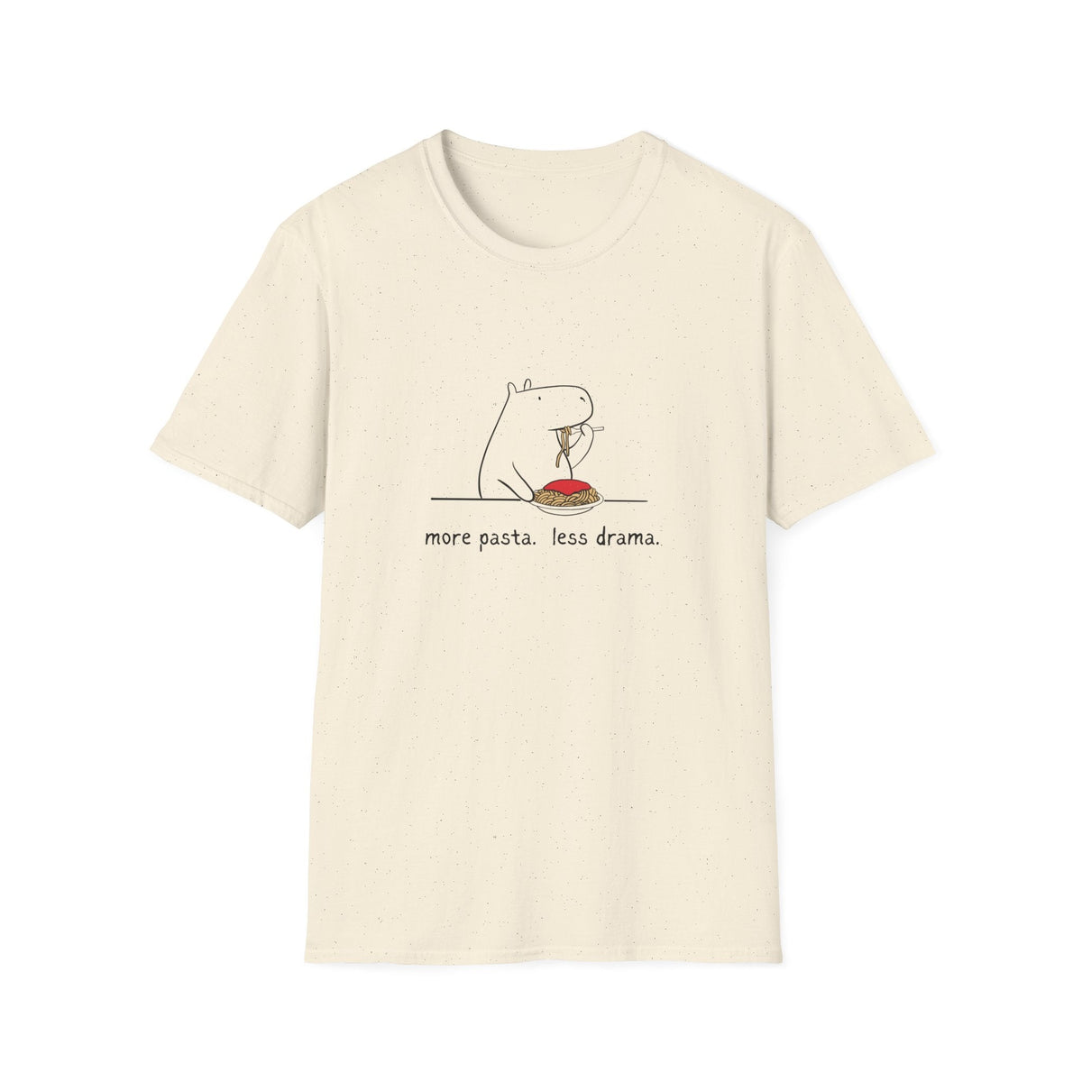 Capy Life softstyle cotton t-shirt in cream featuring a minimalist capybara eating spaghetti and text graphic.