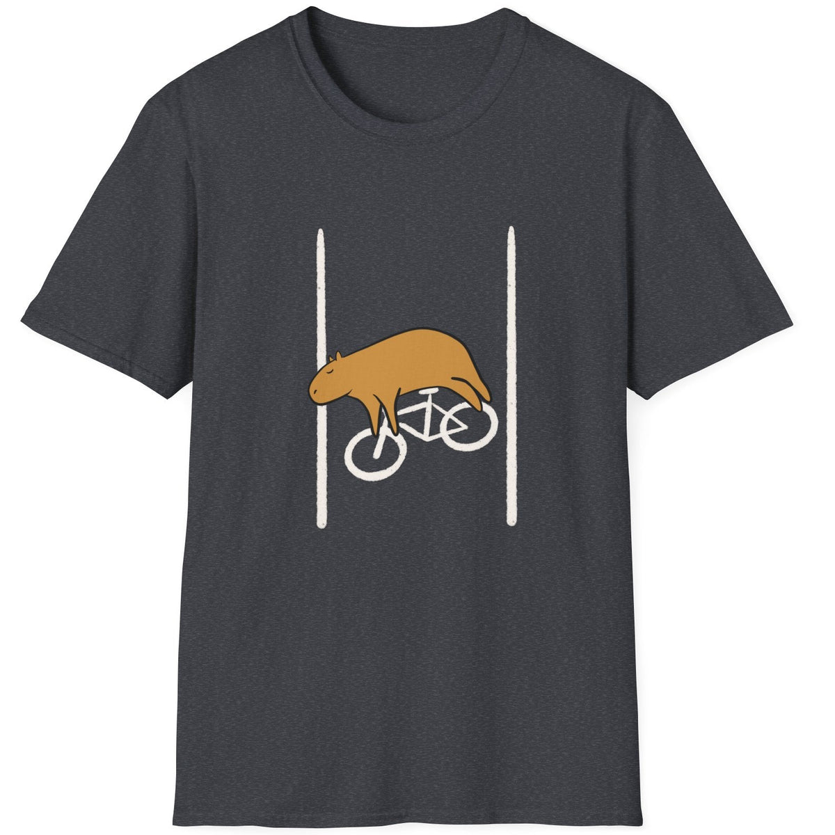 Capy Life charcoal grey softstyle t-shirt featuring a graphic of an exhausted capybara lying on a bicycle in a lane.