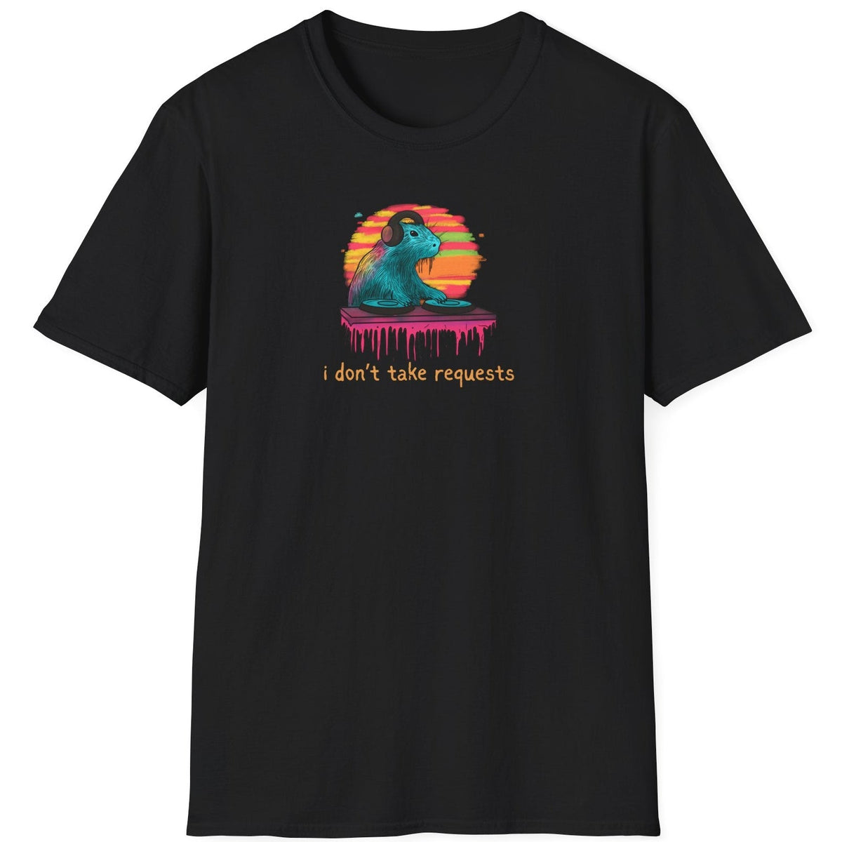 Capy Life black softstyle t-shirt featuring a DJ capybara graphic with retro sunset colors and music-themed text.