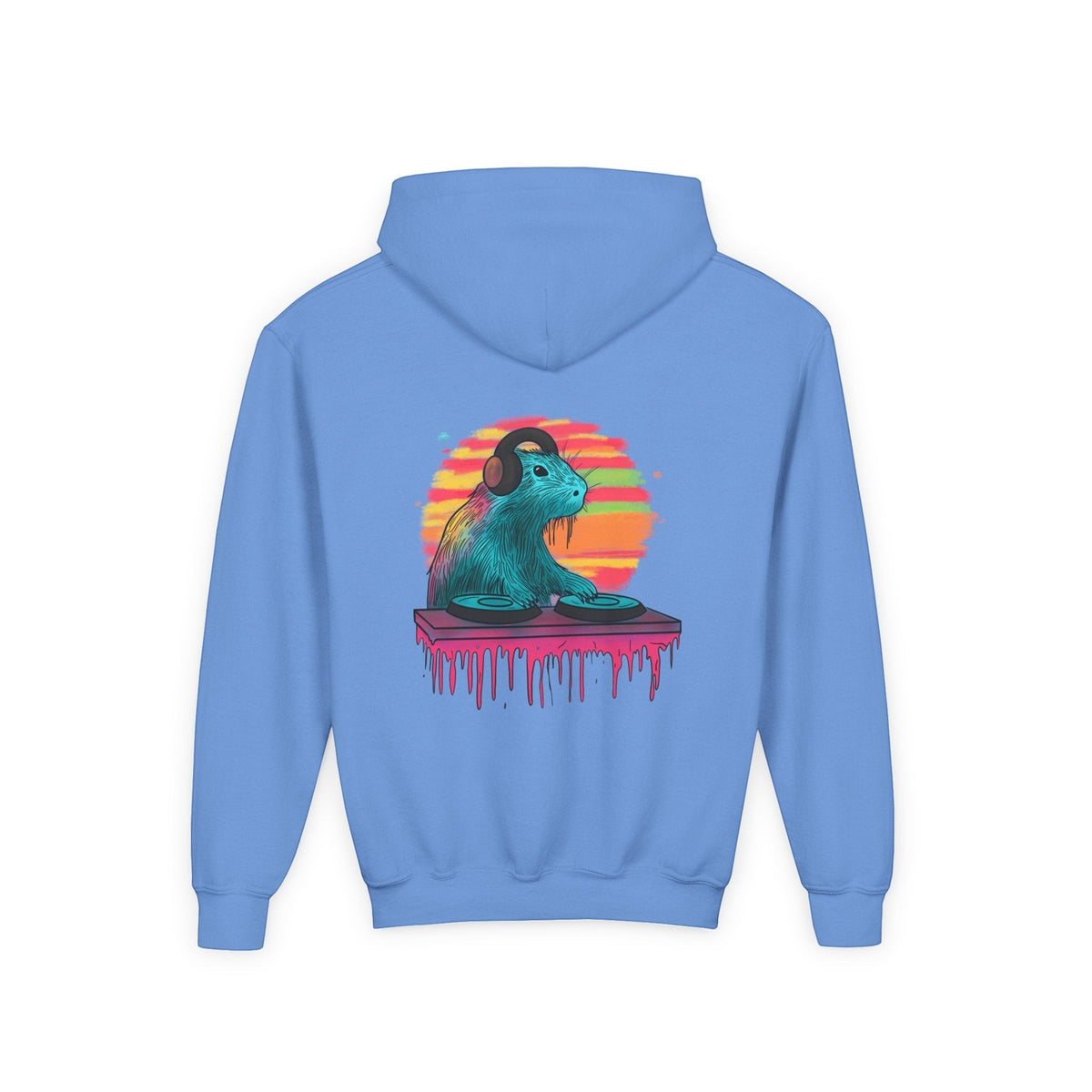 Capy Life kids hoodie in light blue featuring a graphic of a DJ capybara with headphones on a sunset background