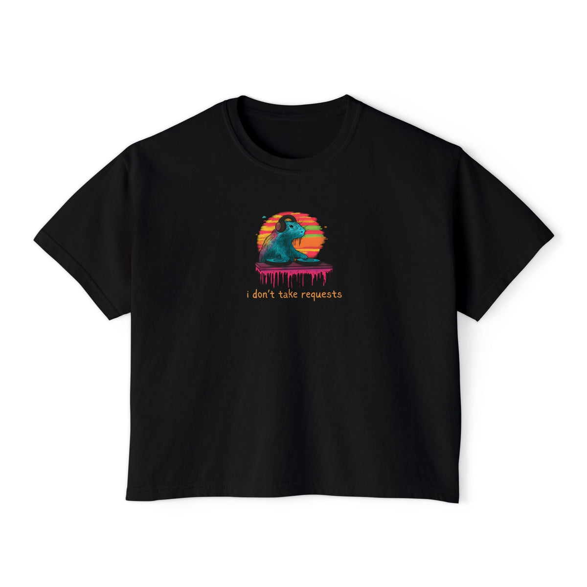Capy Life women's black boxy t-shirt featuring a retro DJ capybara graphic with the text I don't take requests.