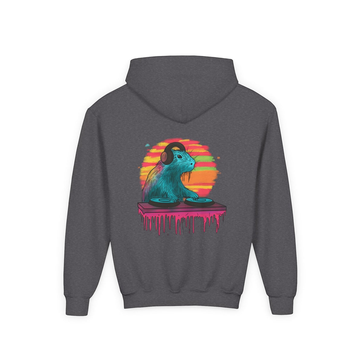 Capy Life kids hoodie in dark grey featuring a colorful DJ capybara graphic with headphones on the back