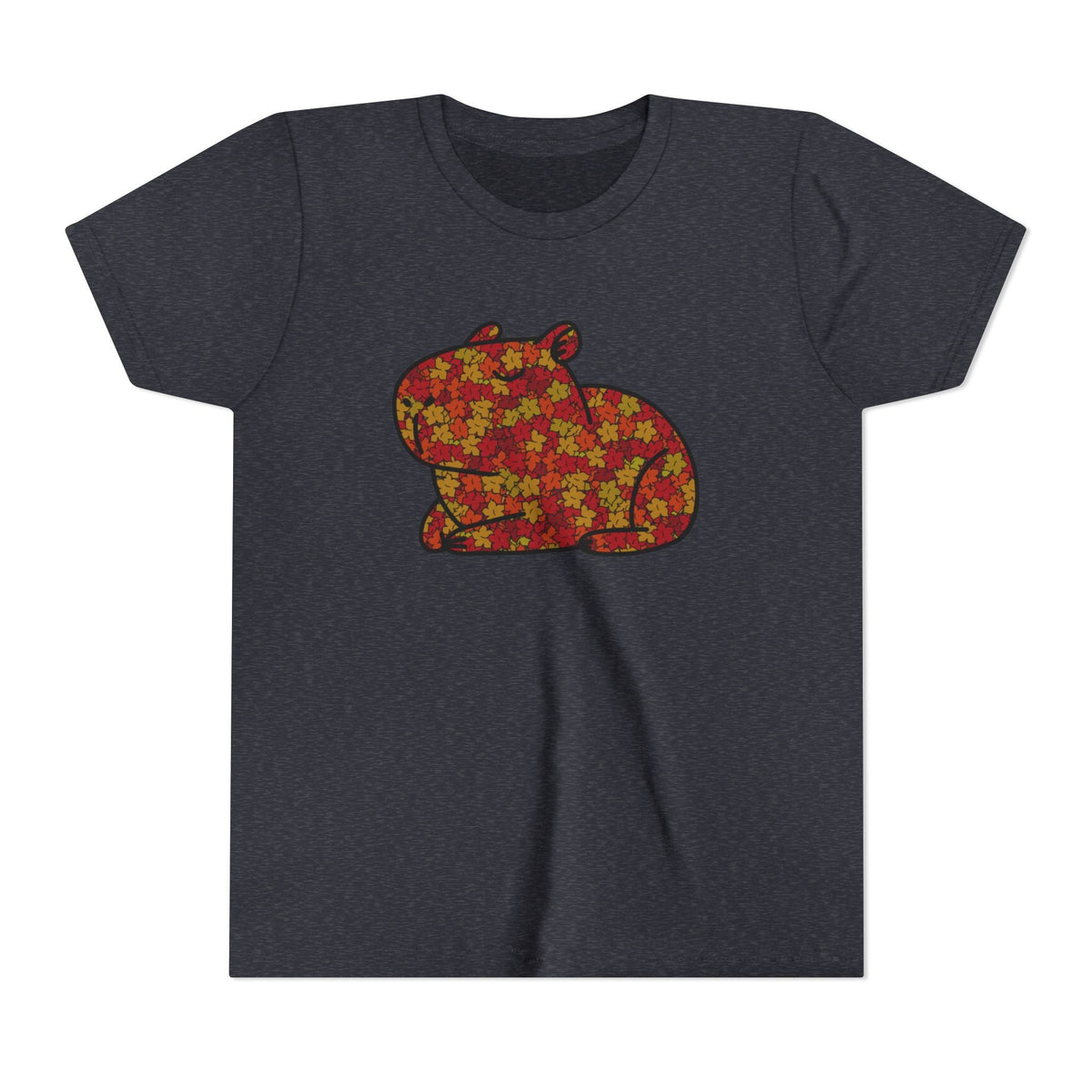 Capy Life youth t-shirt in charcoal grey featuring a capybara graphic filled with red, orange, and gold autumn leaves.