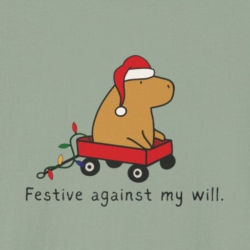 Capy Life softstyle tee featuring a capybara in a Santa hat and red wagon with Christmas lights and festive text.