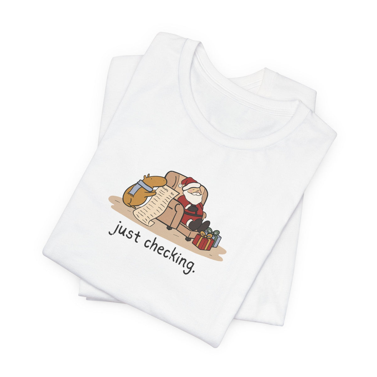 Capy Life white softstyle t-shirt featuring a hand-drawn capybara checking Santa's naughty or nice list.