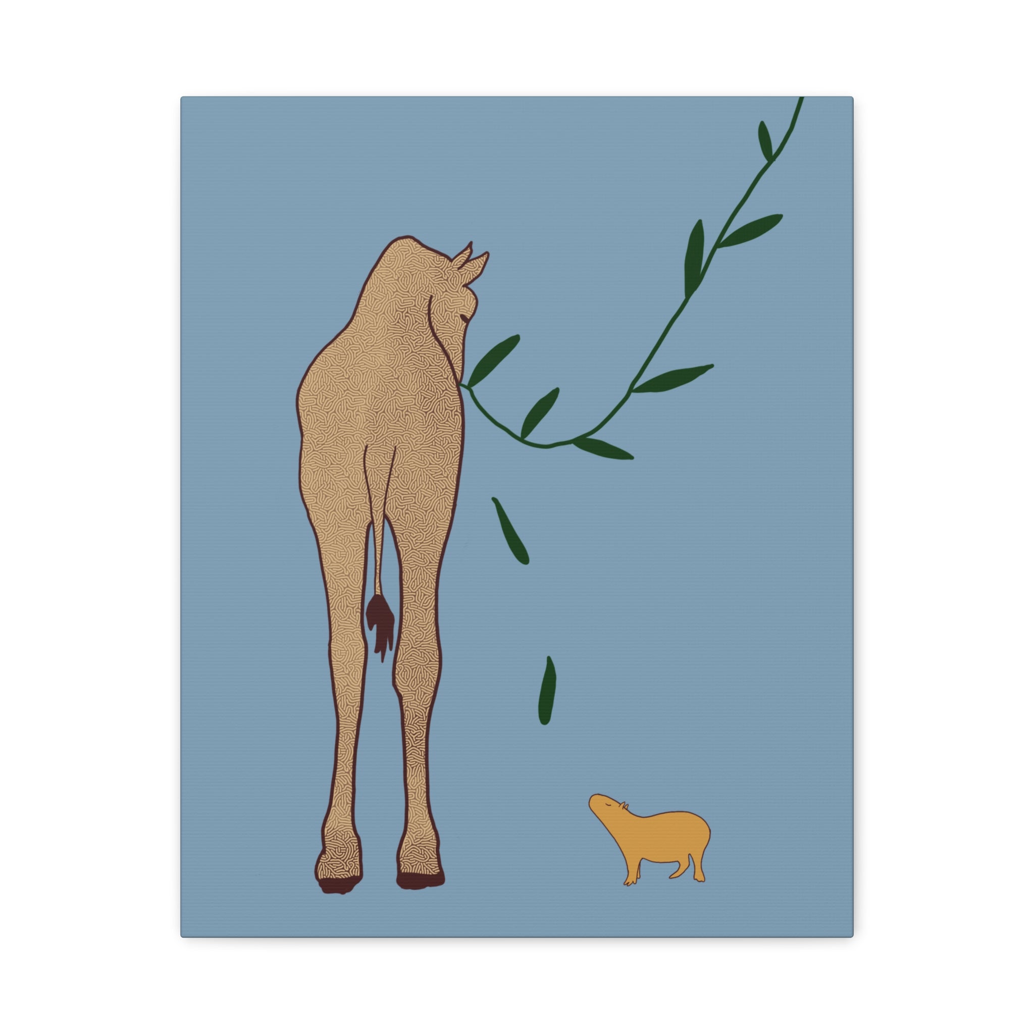Capy Life minimalist canvas wall art featuring a giraffe and a capybara on a soft blue background.