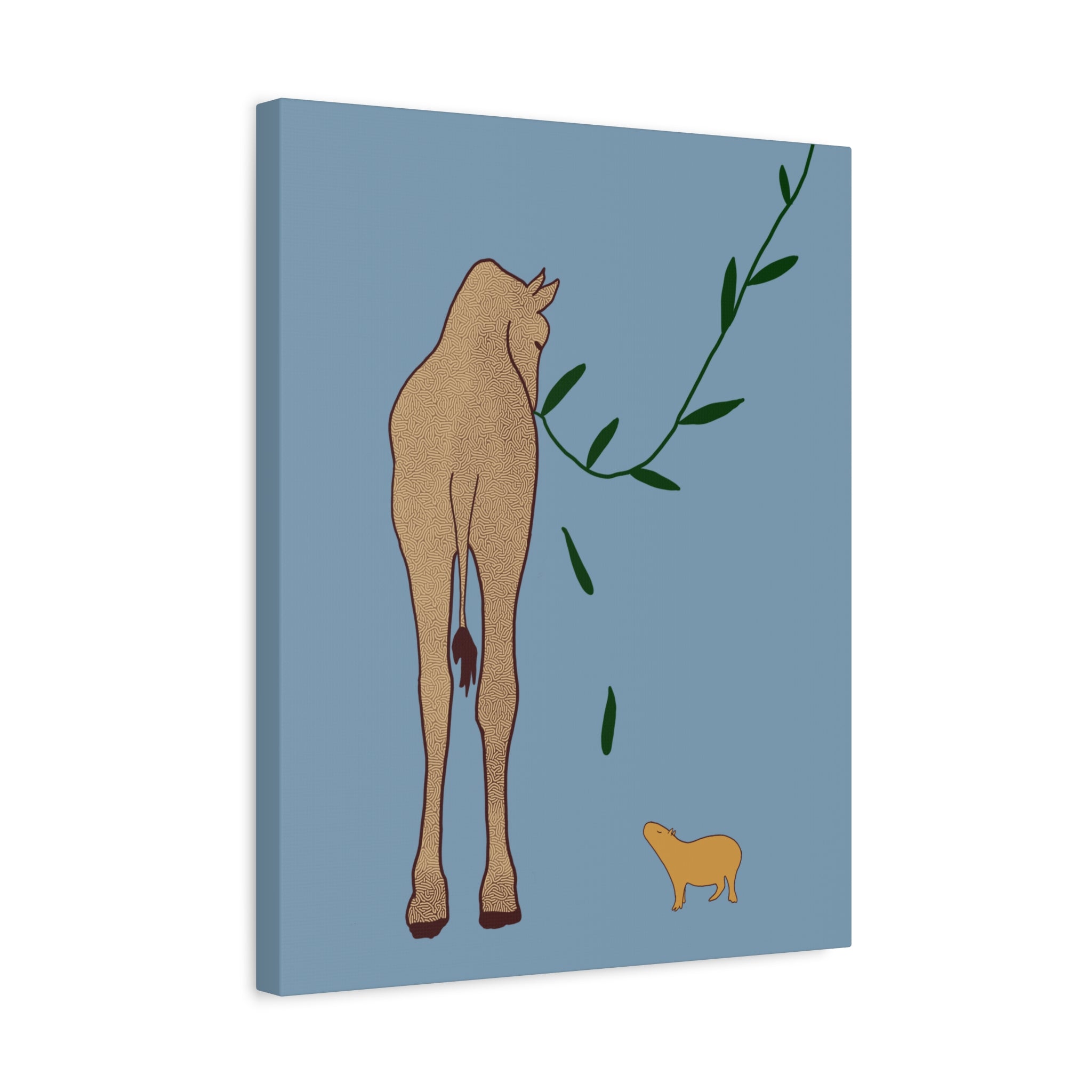 Capy Life minimalist canvas wall art featuring a giraffe and a capybara on a soft blue background.