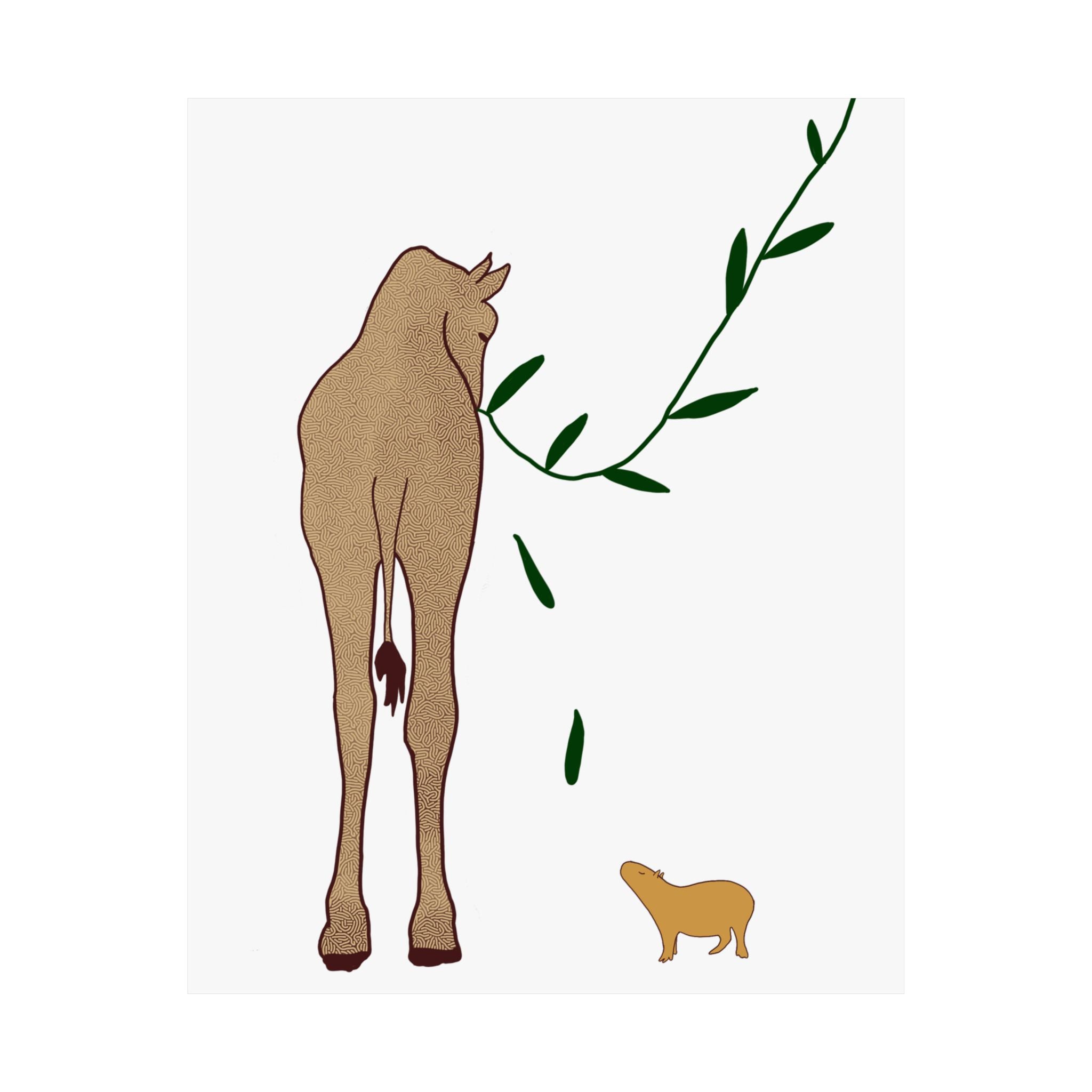 Capy Life minimalist wall art print featuring a textured giraffe and a small capybara on a neutral white background.
